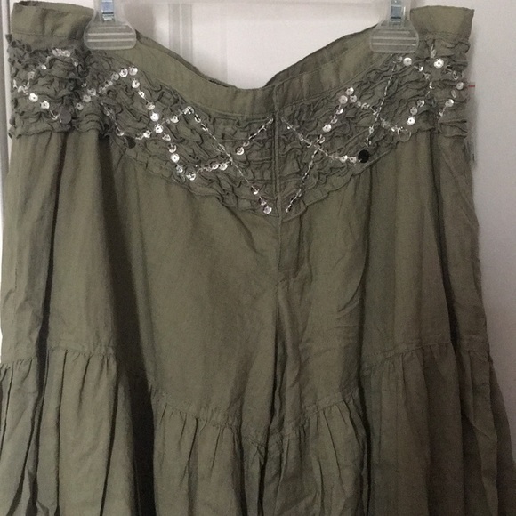 NWOT Military Green Sequins Boho Flare Leg Pants - Picture 2 of 6
